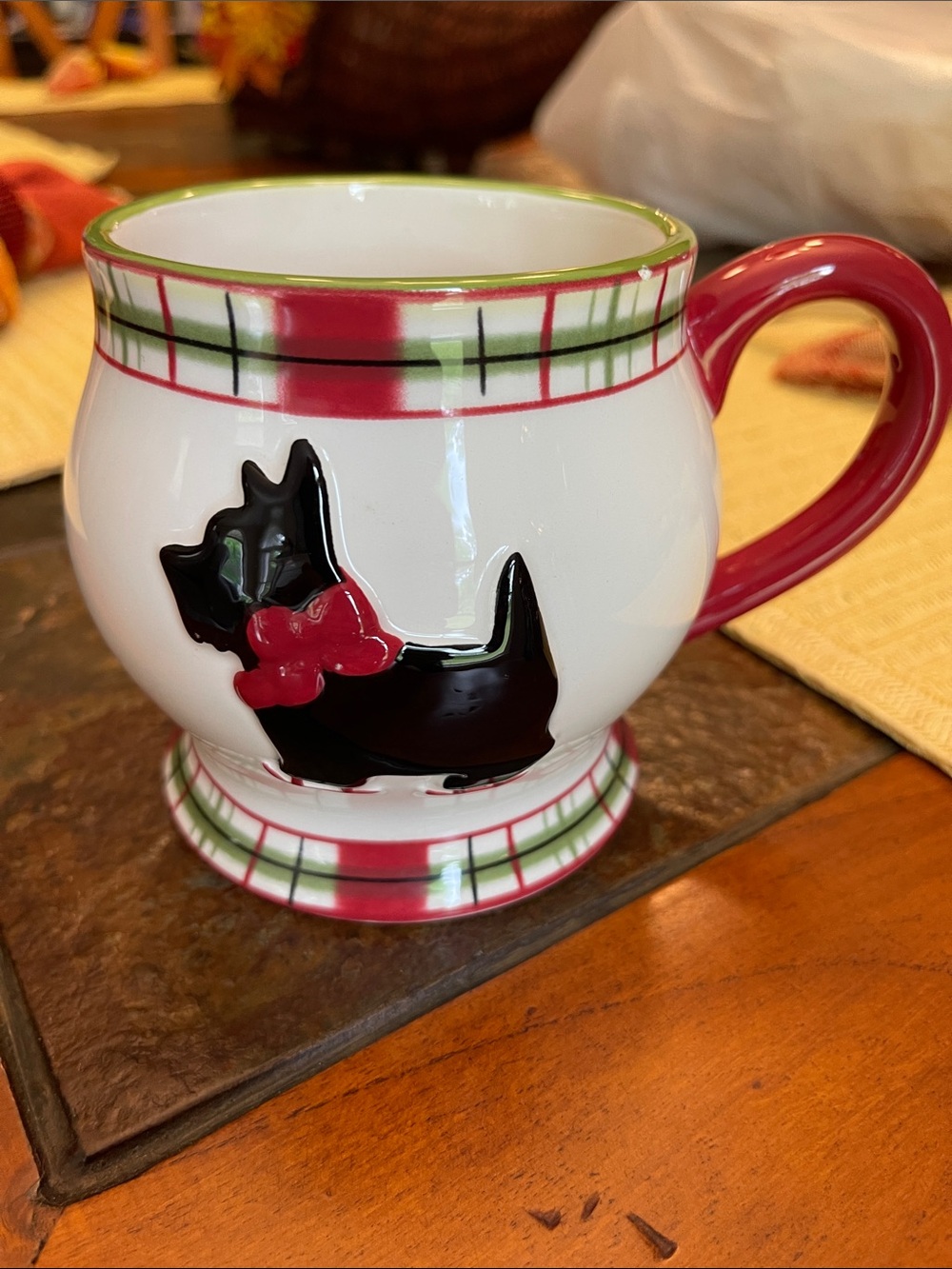 Plaid Trim Ceramic Mug with Black Scottie Dog - Red and Green